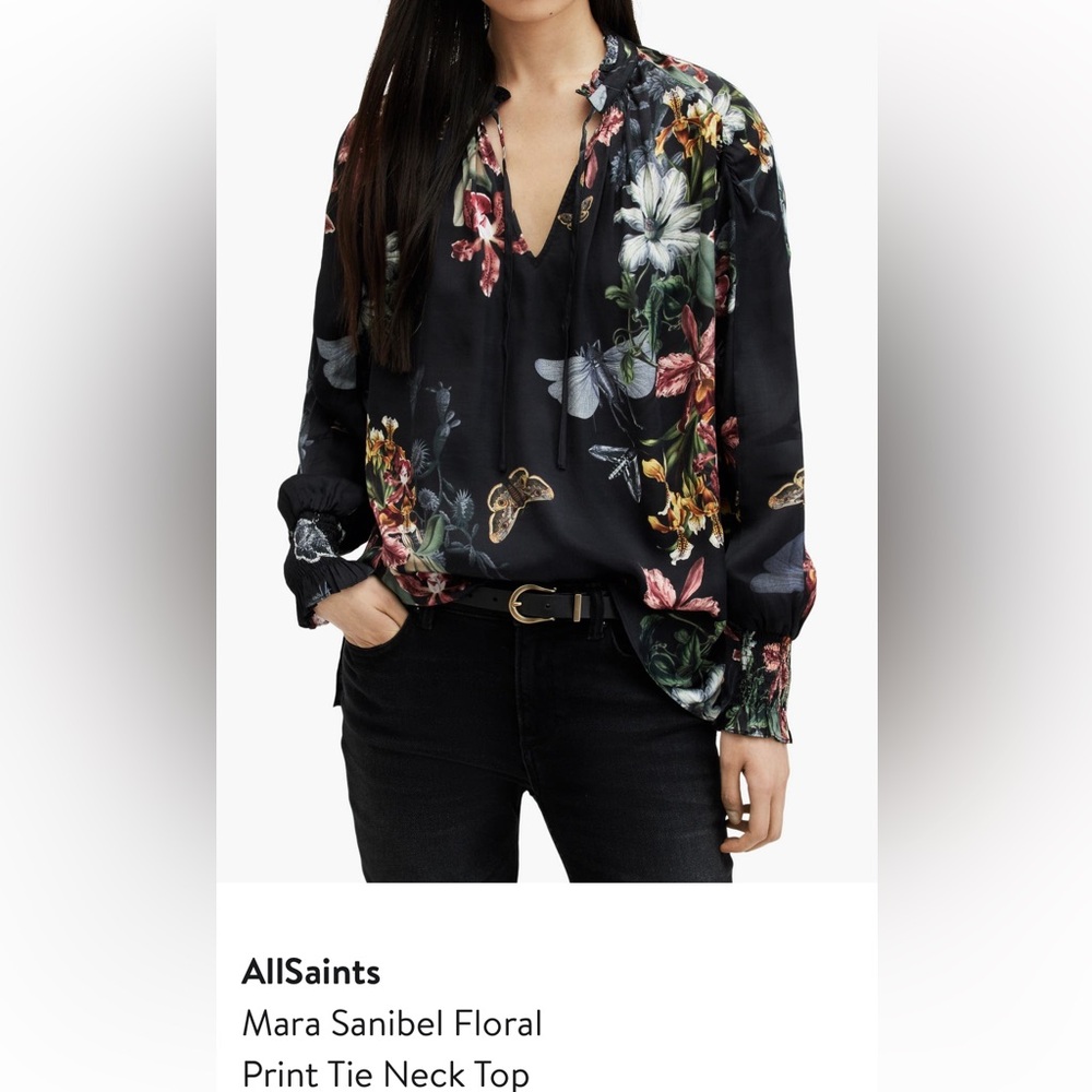 AllSaints Black Floral Print Tie-Neck Blouse
